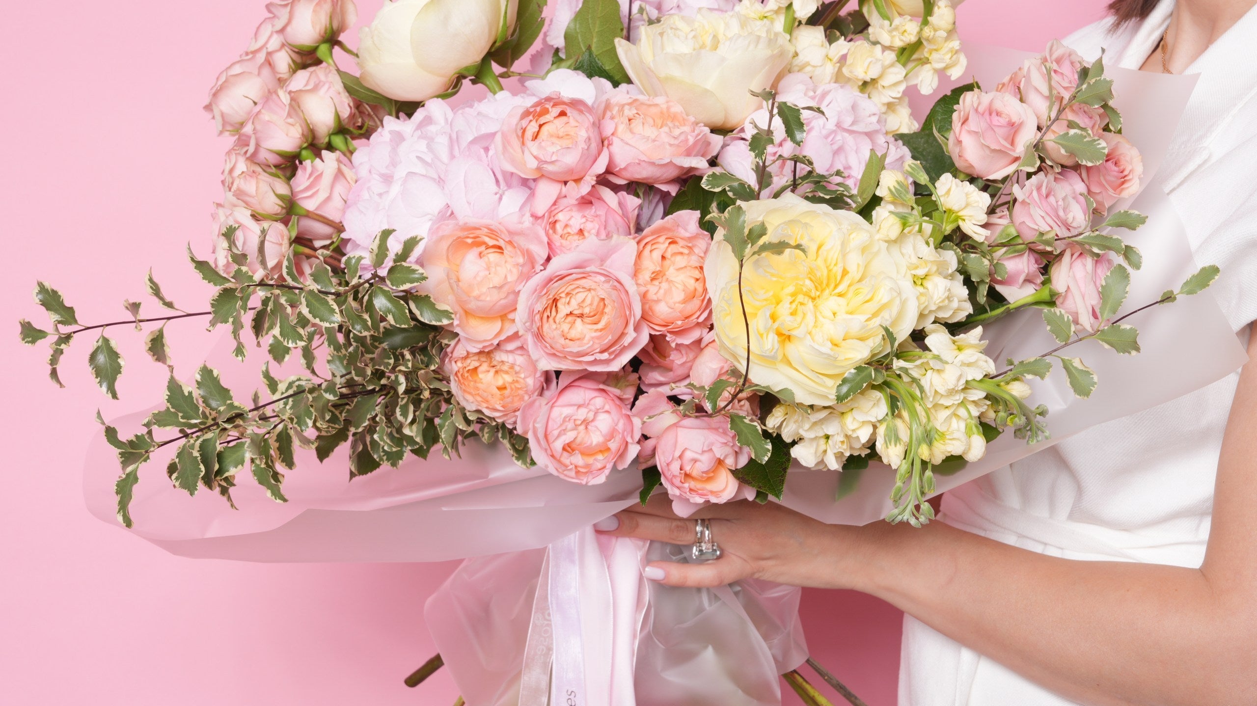 Blush and cream thank you rose bouquet hand-tied by Ecoroses, a Los Angeles florist