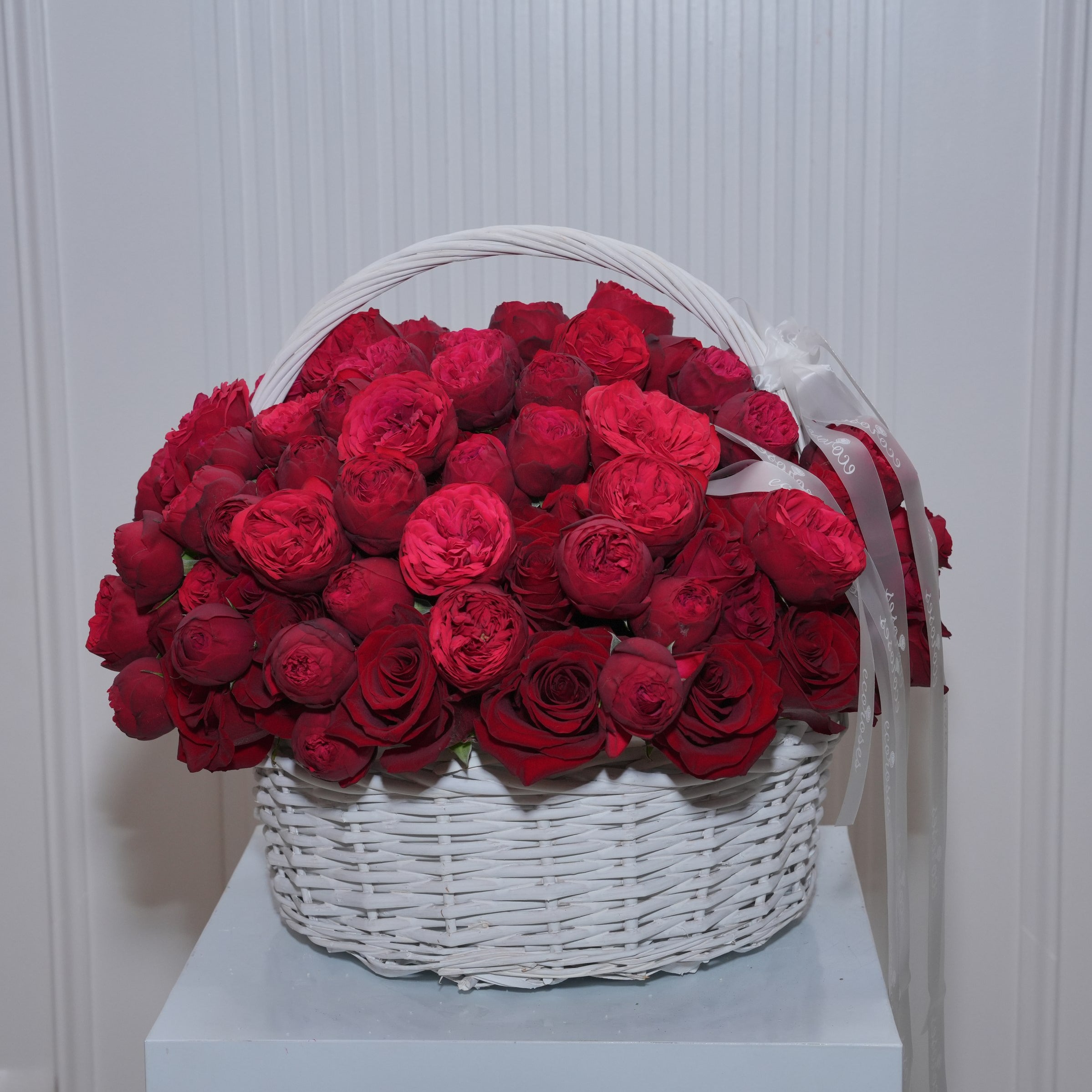 Rubina luxury red rose basket — Explorer roses, Red Piano, and red baby roses in saturated all-red gift arrangement | Ecoroses Los Angeles