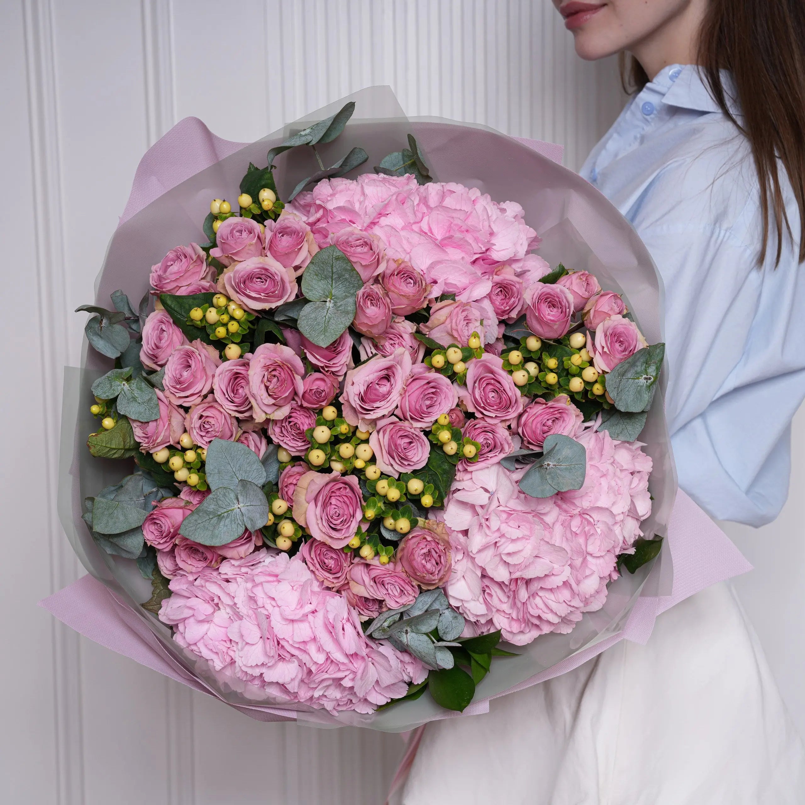 Seraphine — pink roses & hydrangea bouquet, hand-tied by Ecoroses | flower delivery Los Angeles