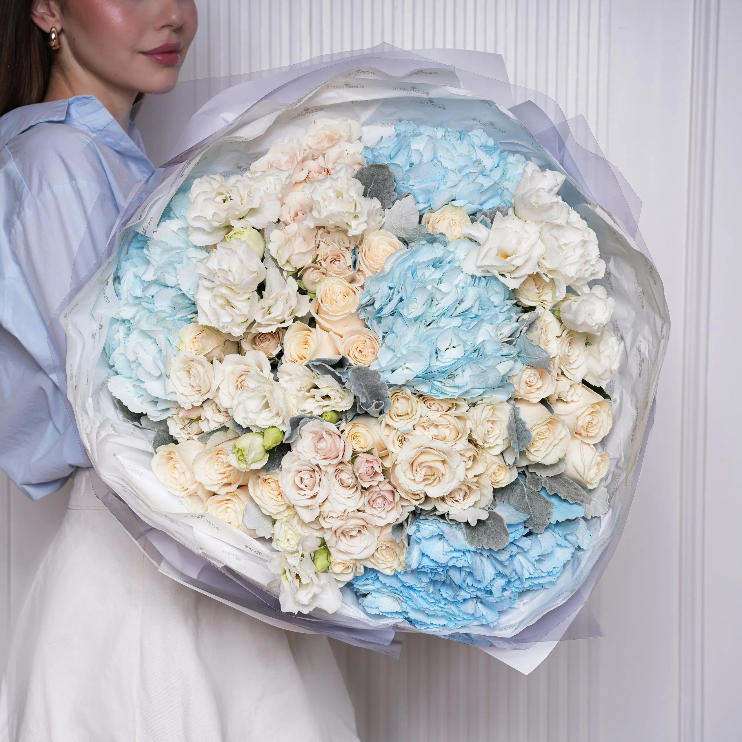 Celestia — blush roses & blue hydrangea bouquet, hand-tied by Ecoroses | flower delivery Los Angeles