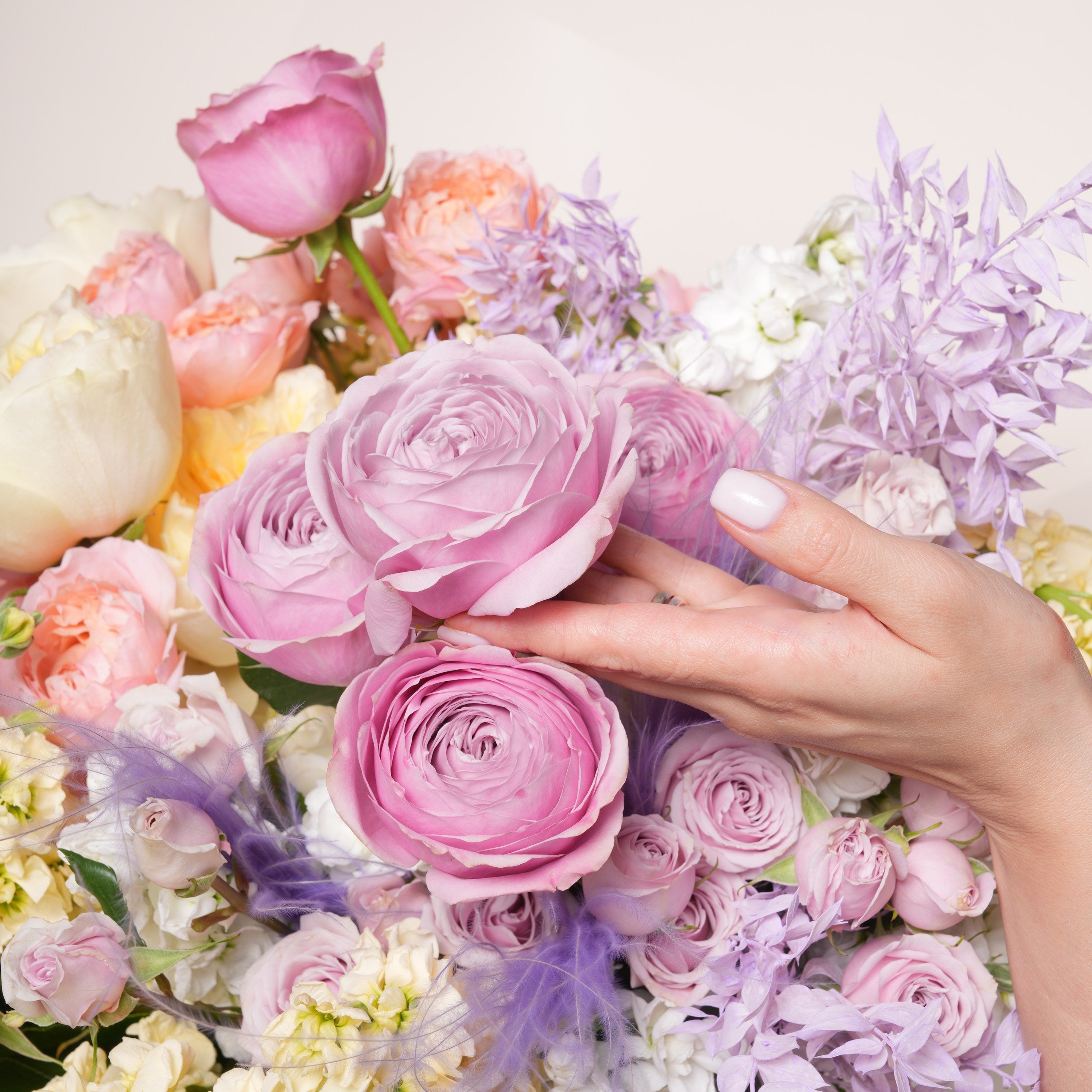 Aurinda luxury bouquet — textural composition with dried ruscus and decorative feathers | Ecoroses Los Angeles