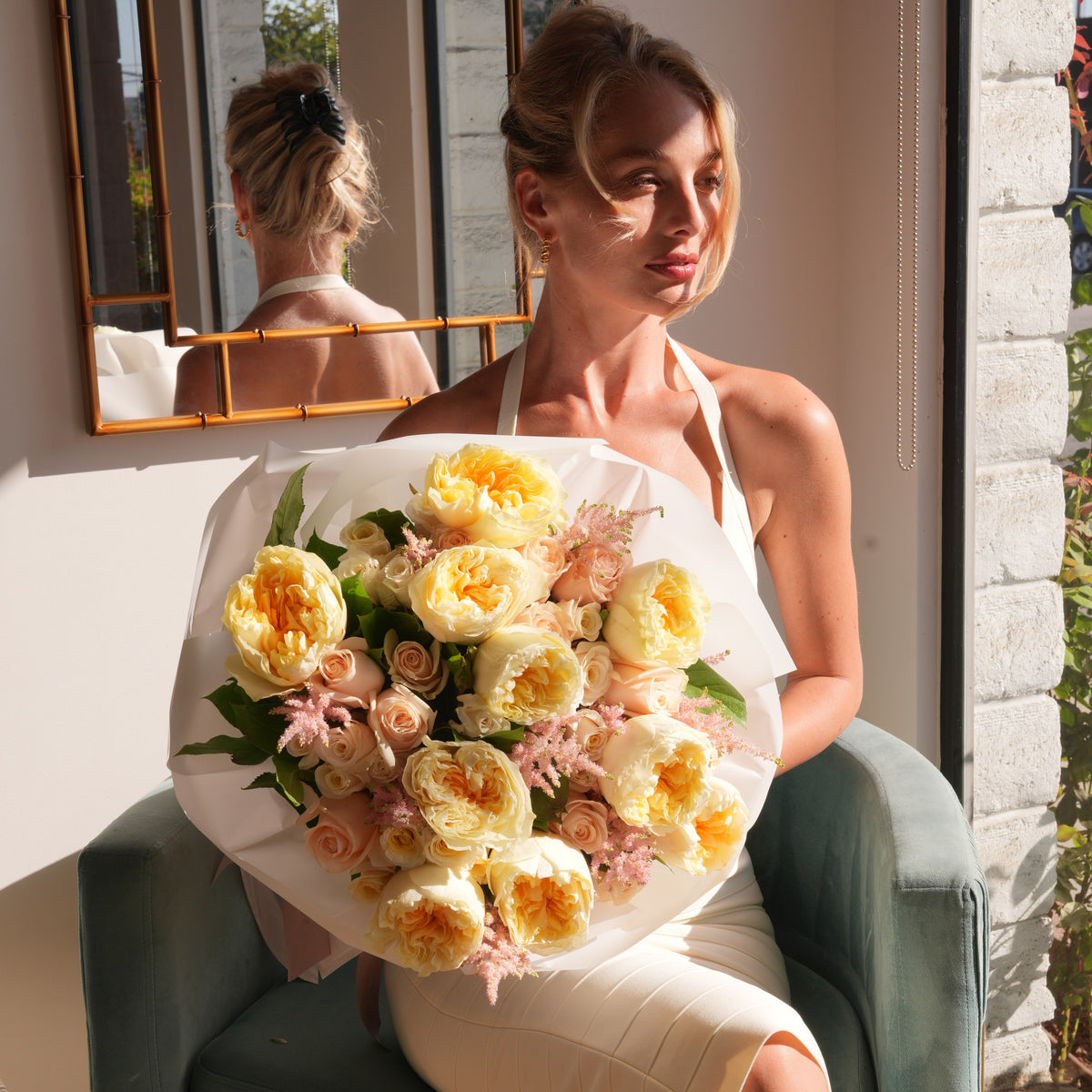 Gemma luxury bouquet — Antonia Gardens and Garden Spirit garden roses, light pink baby roses and astilbe in a hand-tied arrangement | Ecoroses Los Angeles