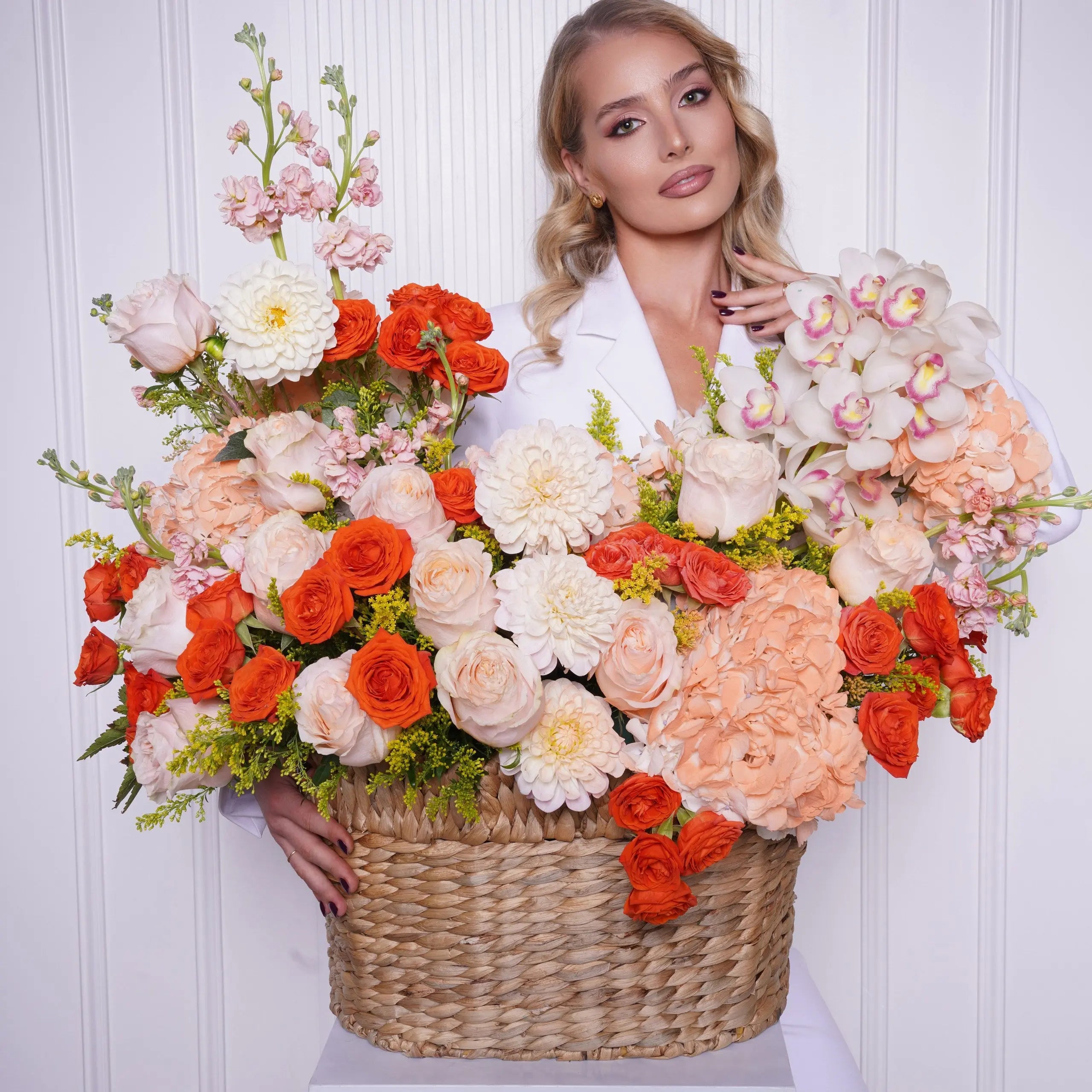 Mariella — orange roses, dahlias & blush stock bouquet, hand-tied by Ecoroses | flower delivery Los Angeles