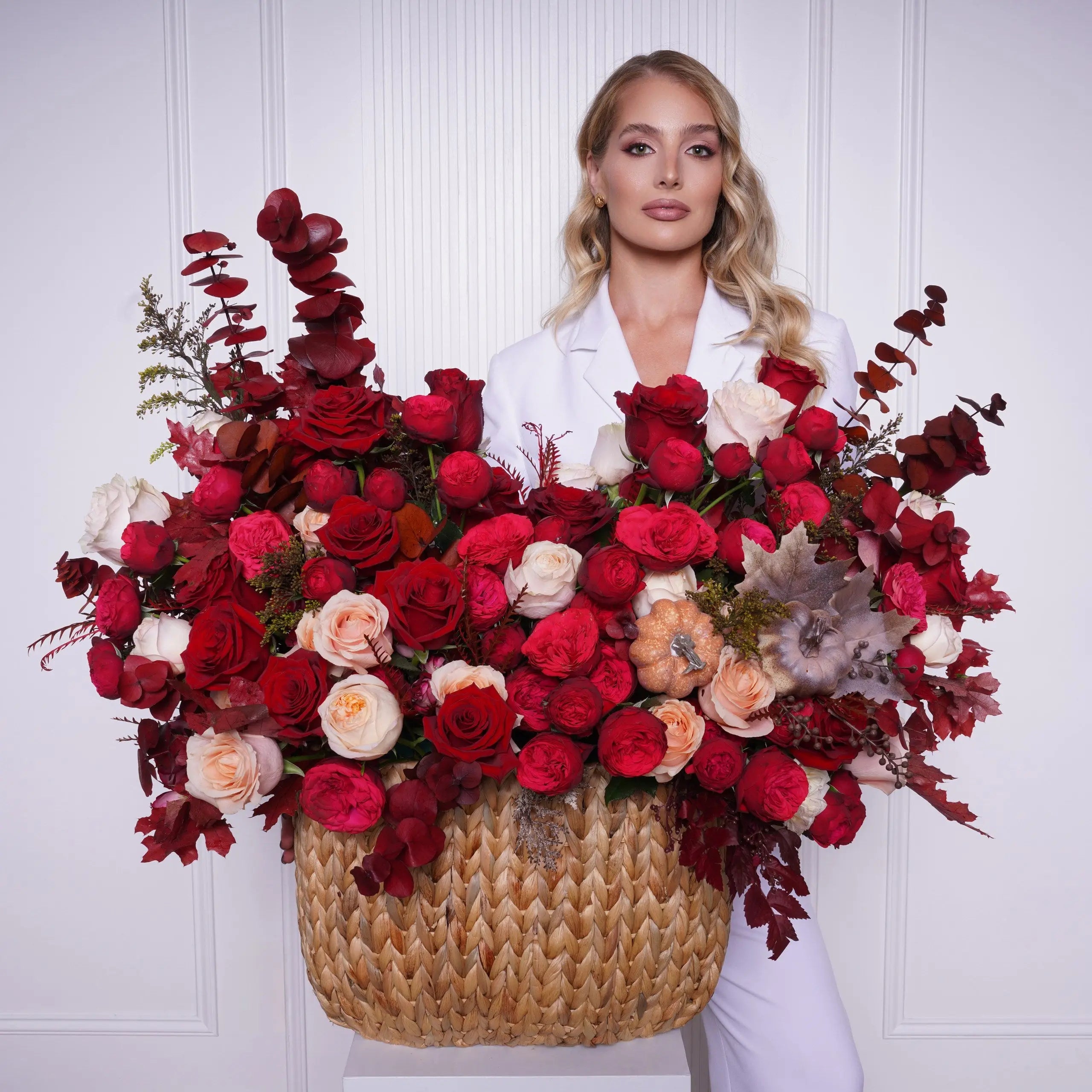 Silvana — scarlet roses & red ranunculus vase arrangement by Ecoroses | flower delivery Los Angeles