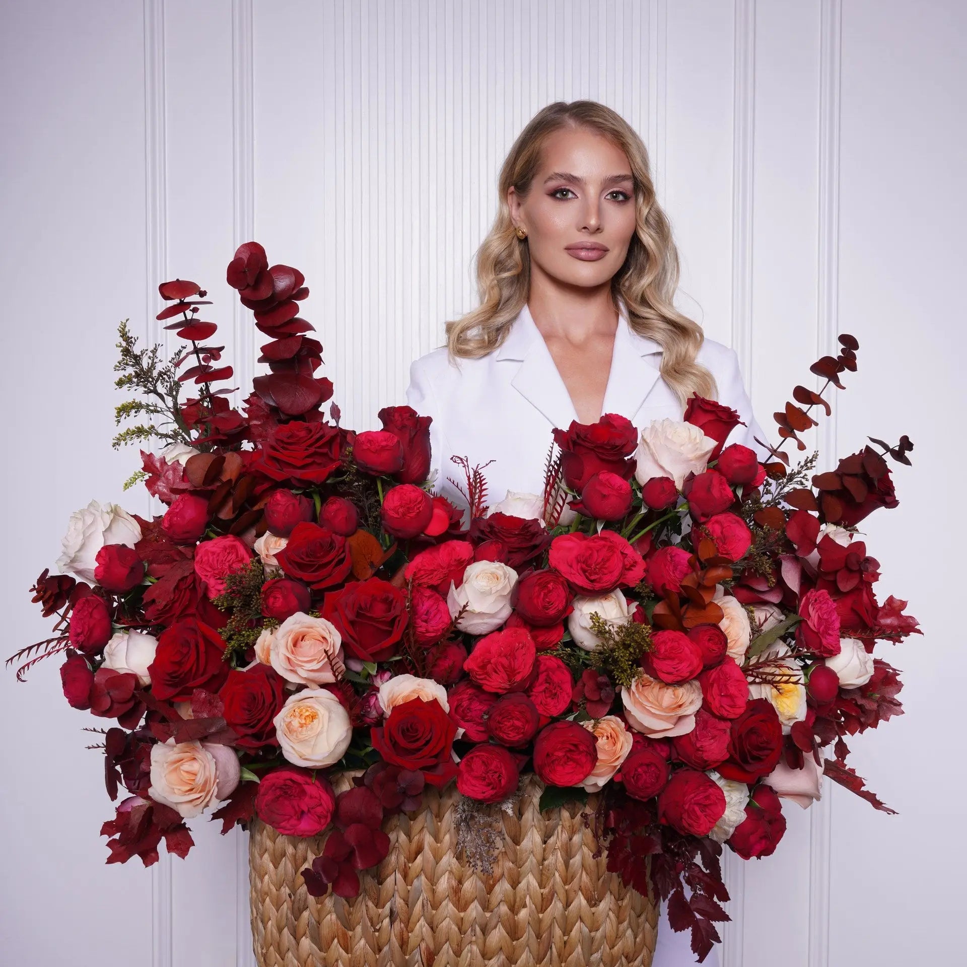 Silvana — scarlet roses & red ranunculus vase arrangement by Ecoroses | flower delivery Los Angeles
