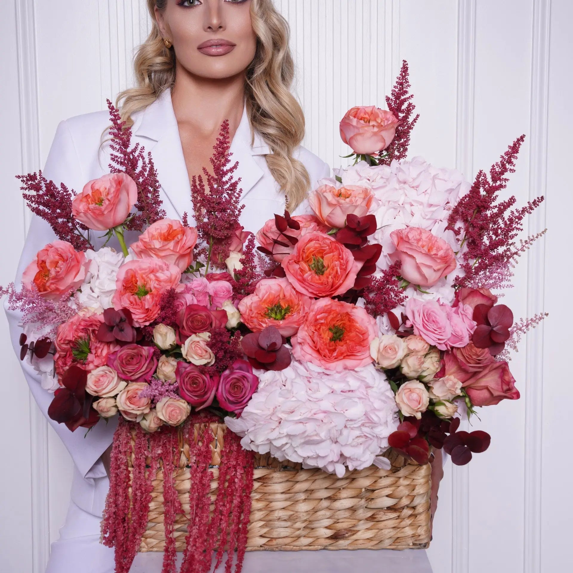 Vivian — coral rose basket arrangement by Ecoroses | flower delivery Los Angeles