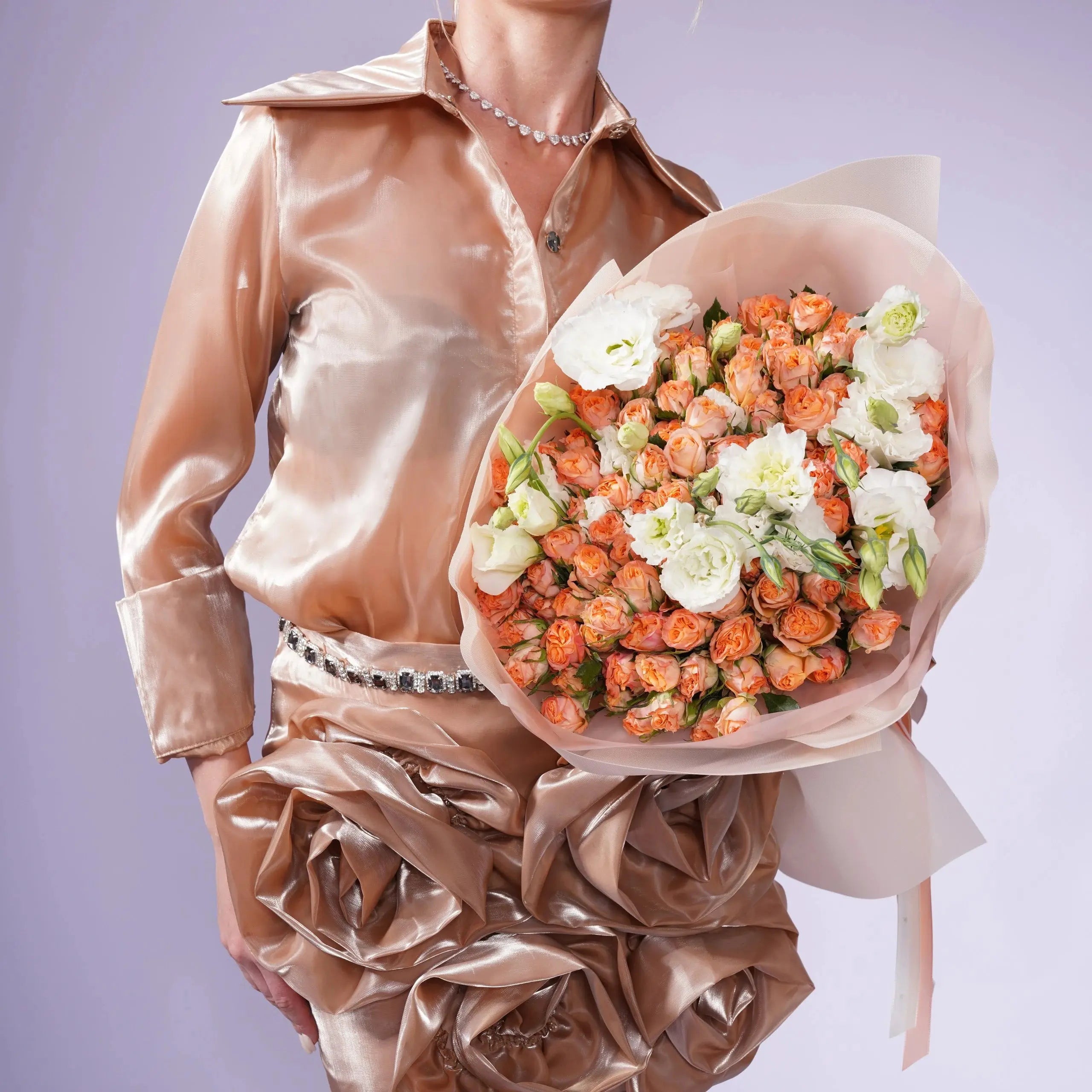 Cherie — coral roses & white lisianthus bouquet, hand-tied by Ecoroses | flower delivery Los Angeles