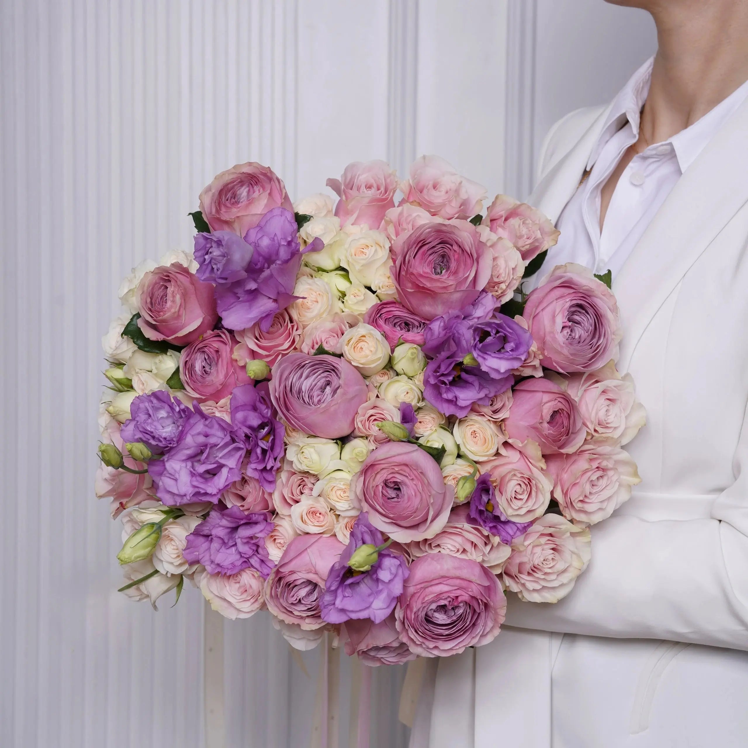 Amelie — pink roses & lavender lisianthus bouquet, hand-tied by Ecoroses | flower delivery Los Angeles