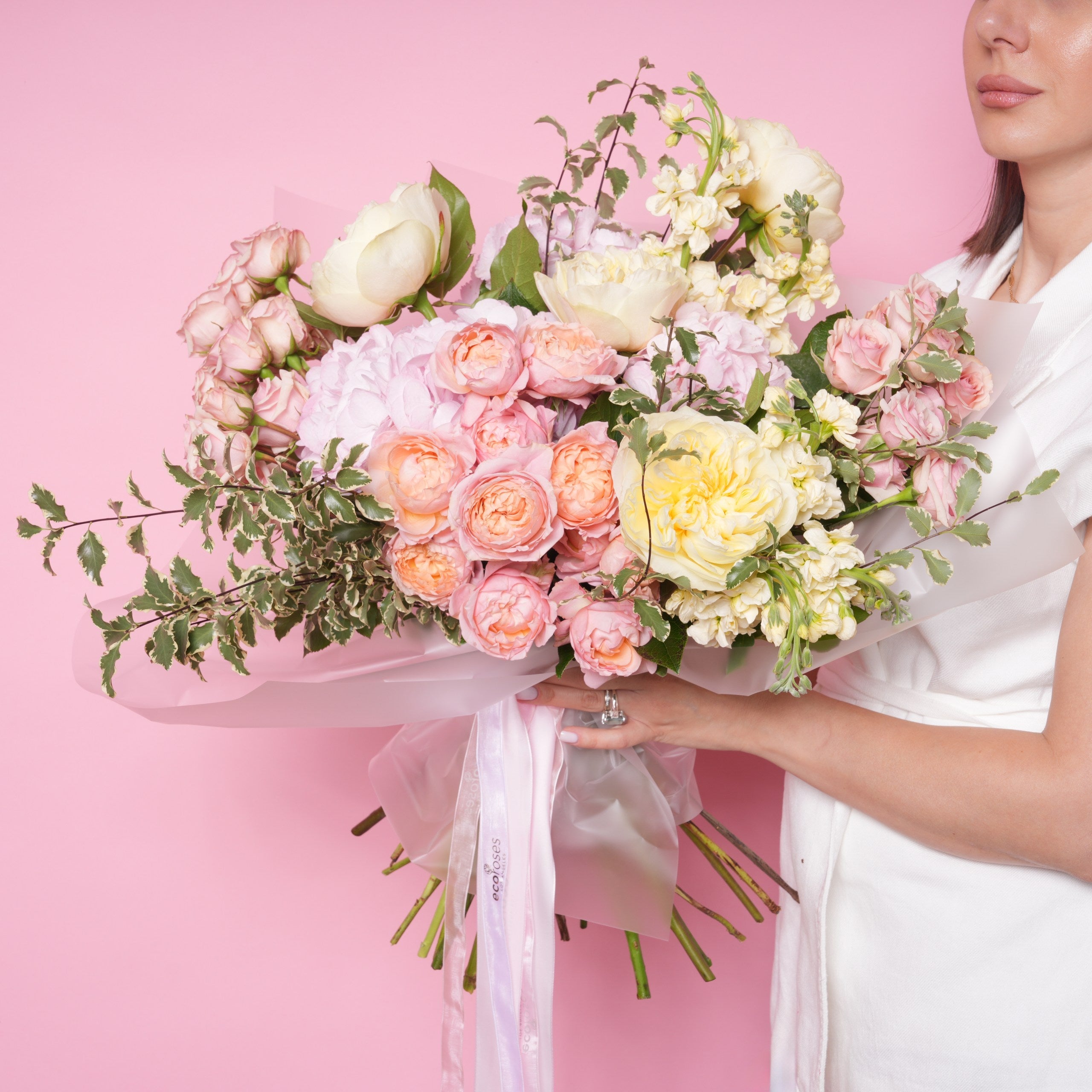Blush and cream thank you rose bouquet hand-tied by Ecoroses, a Los Angeles florist