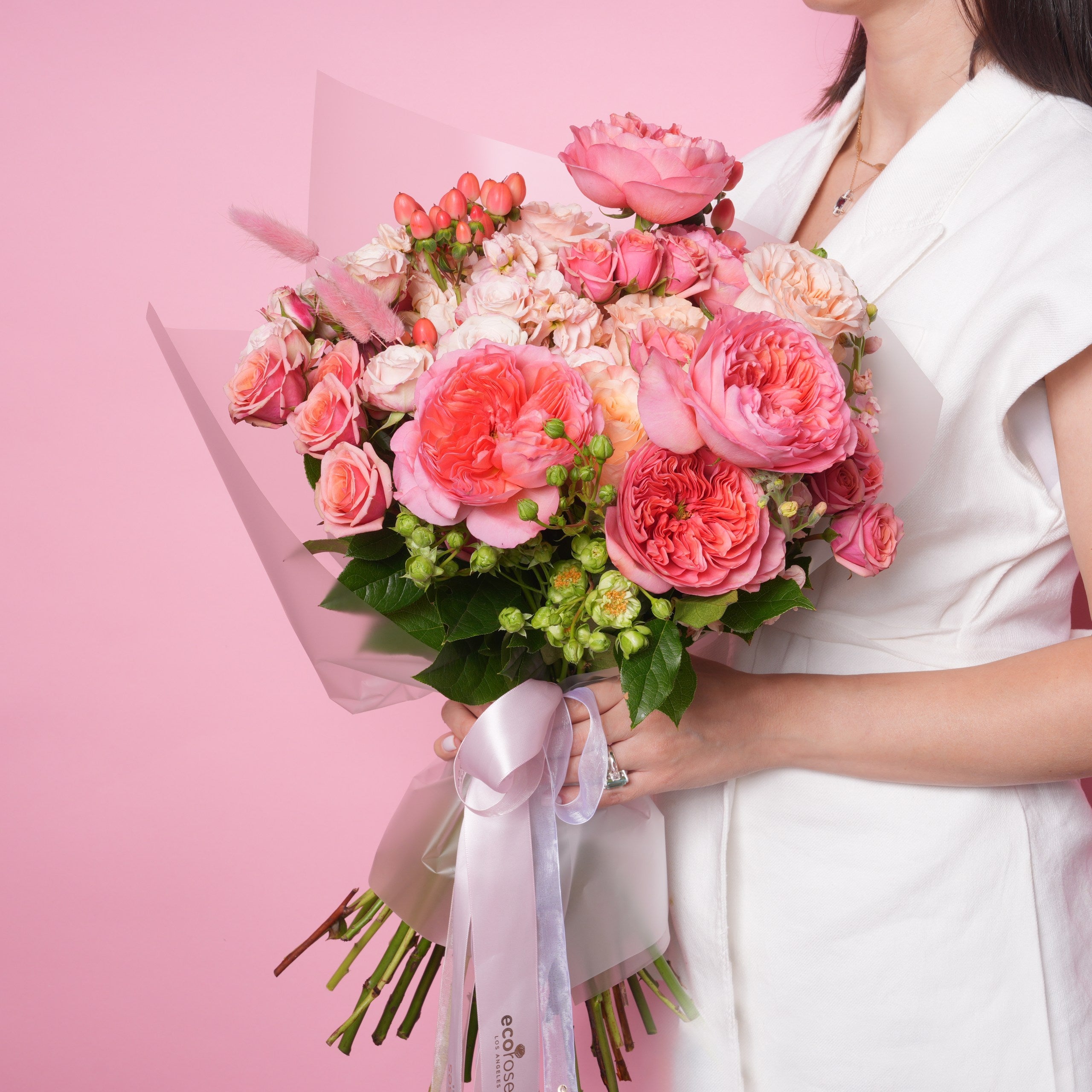 Ecoroses Couture — editorial-scale luxury bouquet with layered fresh blooms and tinted accents, hand-composed in Los Angeles