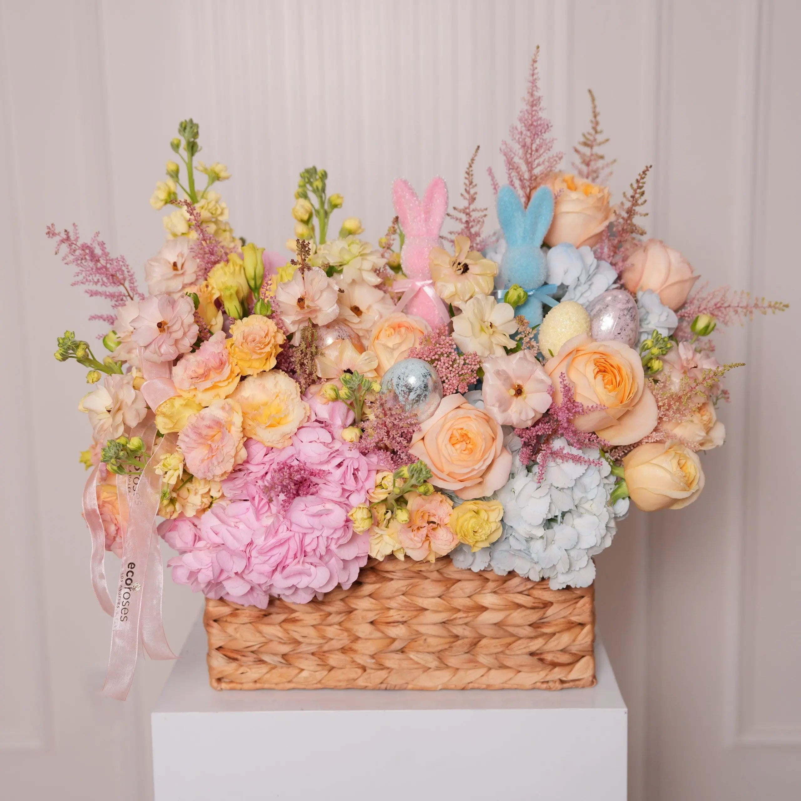 Easter Bunny & Pastel Basket — pastel roses & hydrangeas basket, hand-tied by Ecoroses | flower delivery Los Angeles