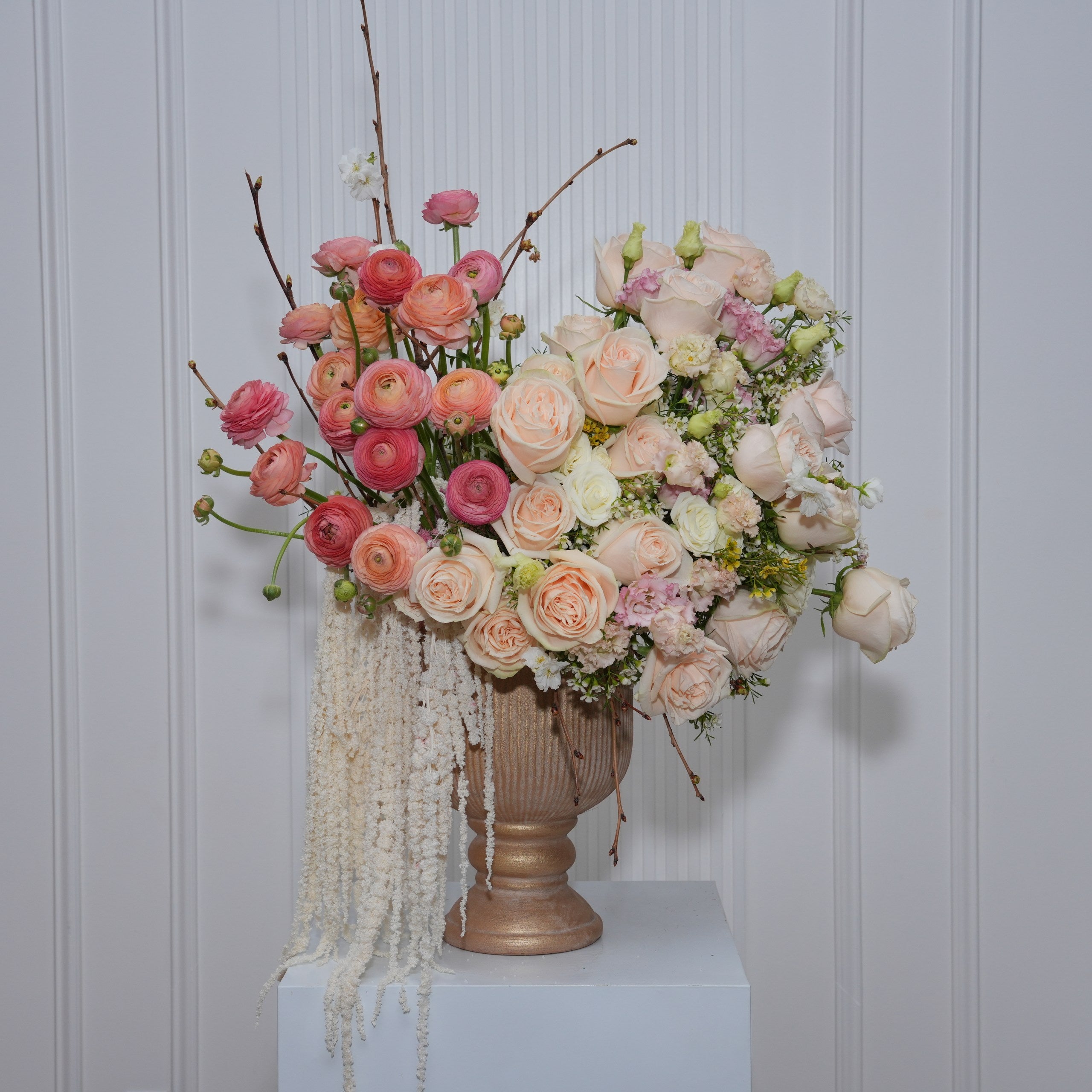 Adelina luxury vase arrangement — peach ranunculus, Garden Spirit roses, lisianthus, and cascading amaranthus in glass vase | Ecoroses Los Angeles