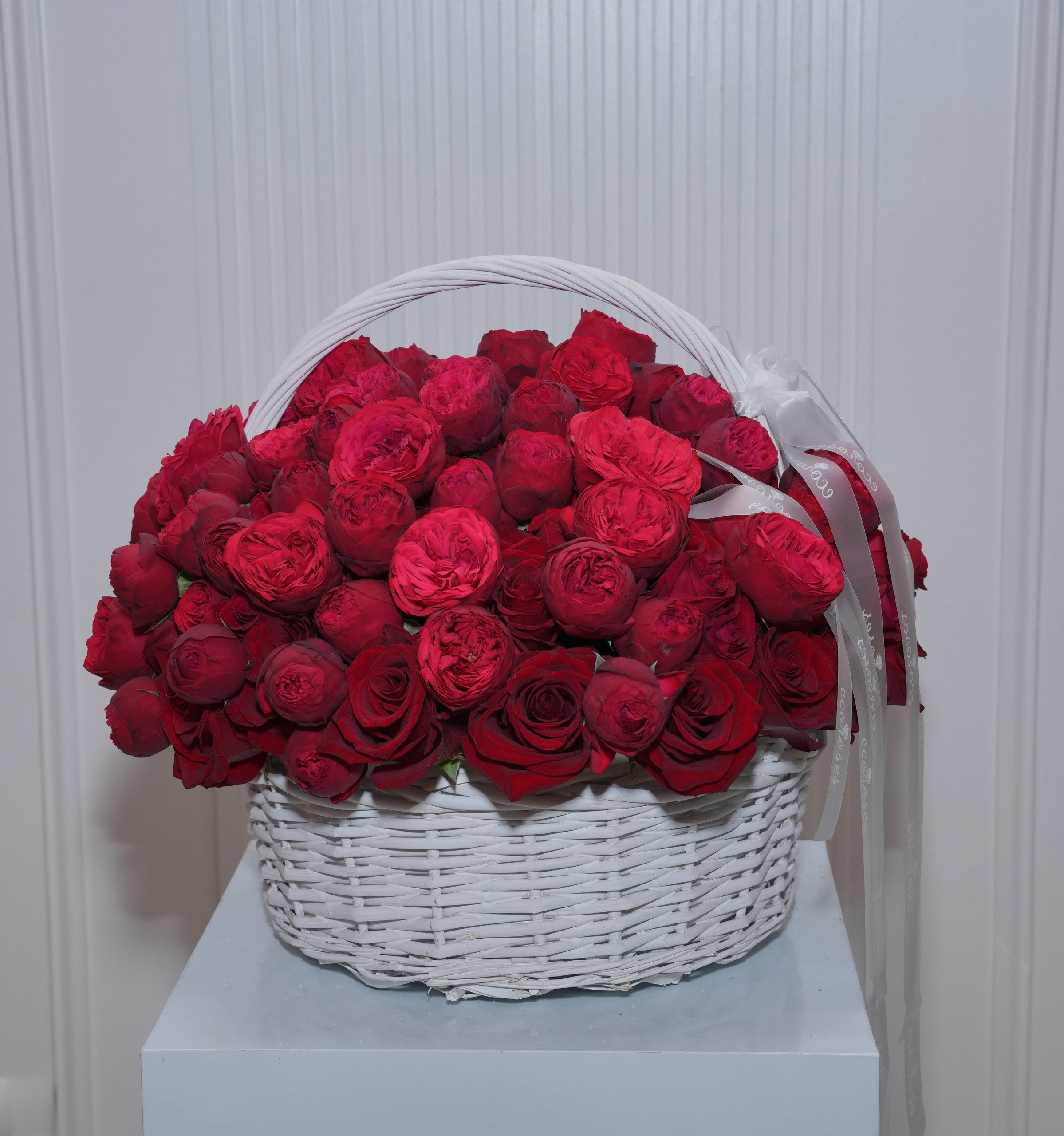 Rubina luxury red rose basket — Explorer roses, Red Piano, and red baby roses in saturated all-red gift arrangement | Ecoroses Los Angeles