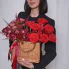 Ardella luxury red rose gift bag — overhead view of the deep red and burgundy designer gift bag arrangement | Ecoroses Los Angeles