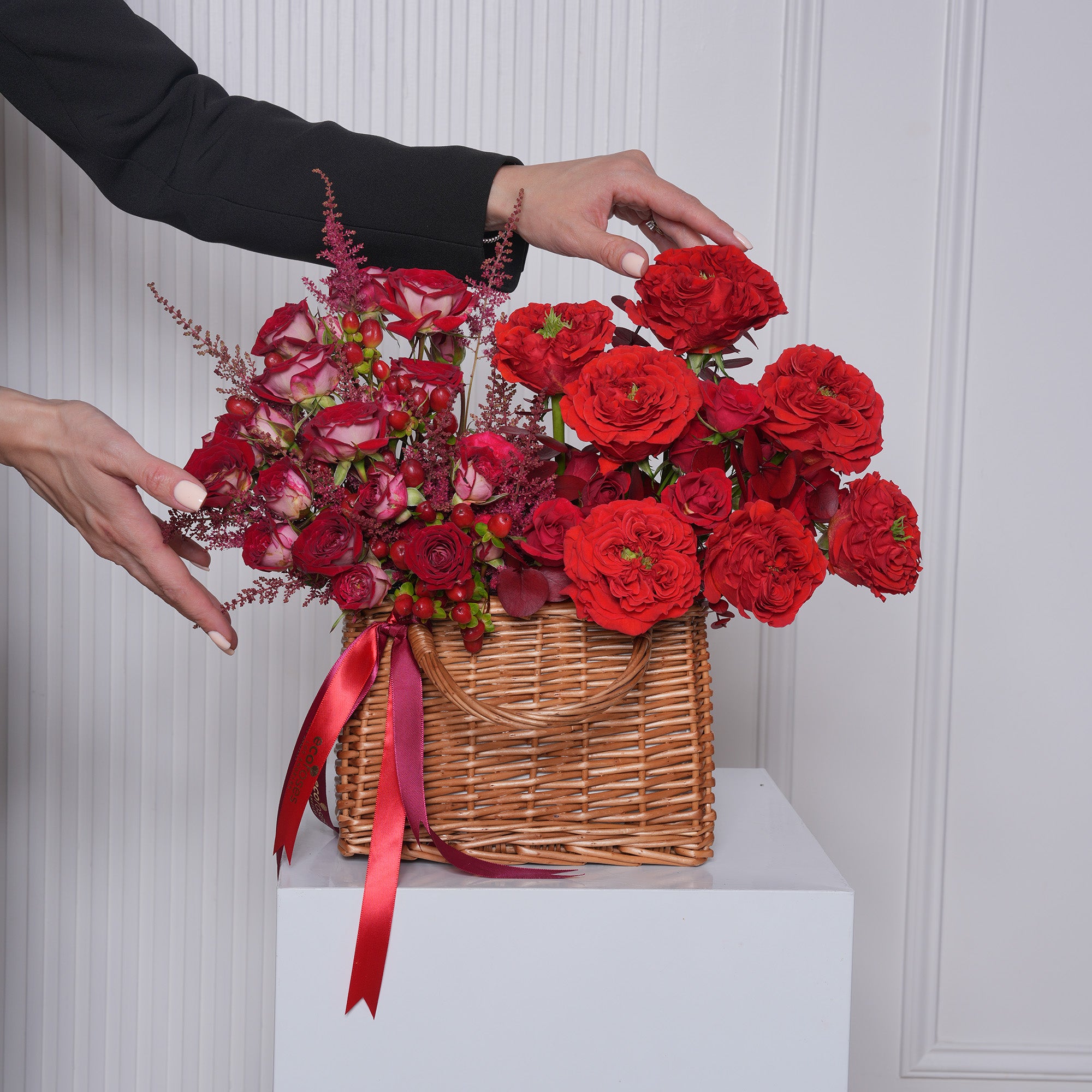 Ardella luxury red rose gift bag — Red Eye roses, red baby roses, and burgundy eucalyptus in a designer gift bag arrangement | Ecoroses Los Angeles