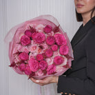 Pierina luxury bouquet — Sweet For Love roses, Pink Piano, pink baby roses, and astilbe in a romantic all-pink hand-tied arrangement | Ecoroses Los Angeles