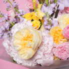 Nicoletta couture bouquet — detail of pink hydrangea with yellow baby roses and purple gladiolus | Ecoroses Los Angeles