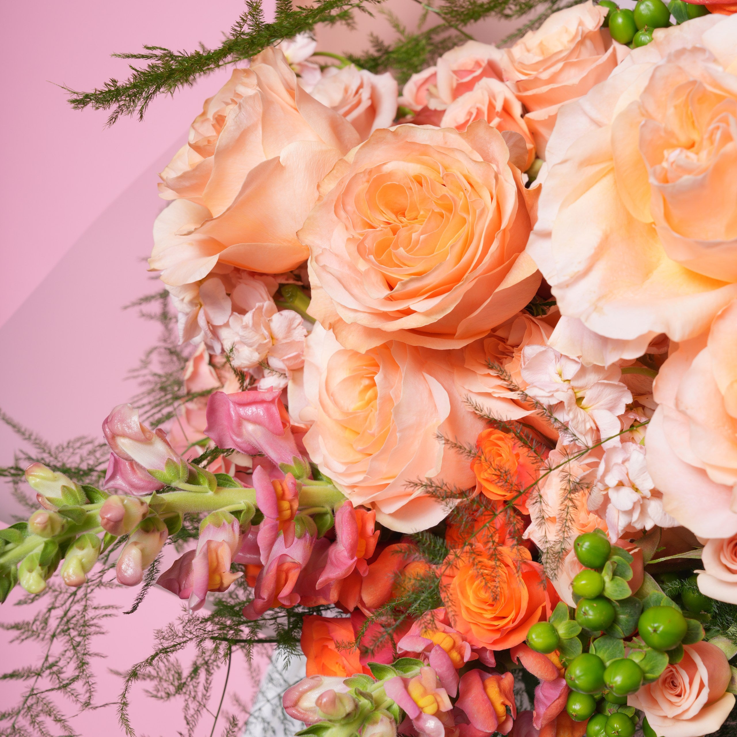 Gaia couture bouquet — full sun-warmed peach and apricot arrangement with feathered greenery | Ecoroses Los Angeles