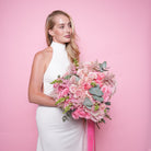 Rosalba couture bouquet — detail of pink roses layered with astilbe and eucalyptus | Ecoroses Los Angeles