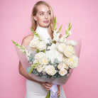 Neviana couture bouquet — detail of white peonies and roses with soft green eucalyptus | Ecoroses Los Angeles