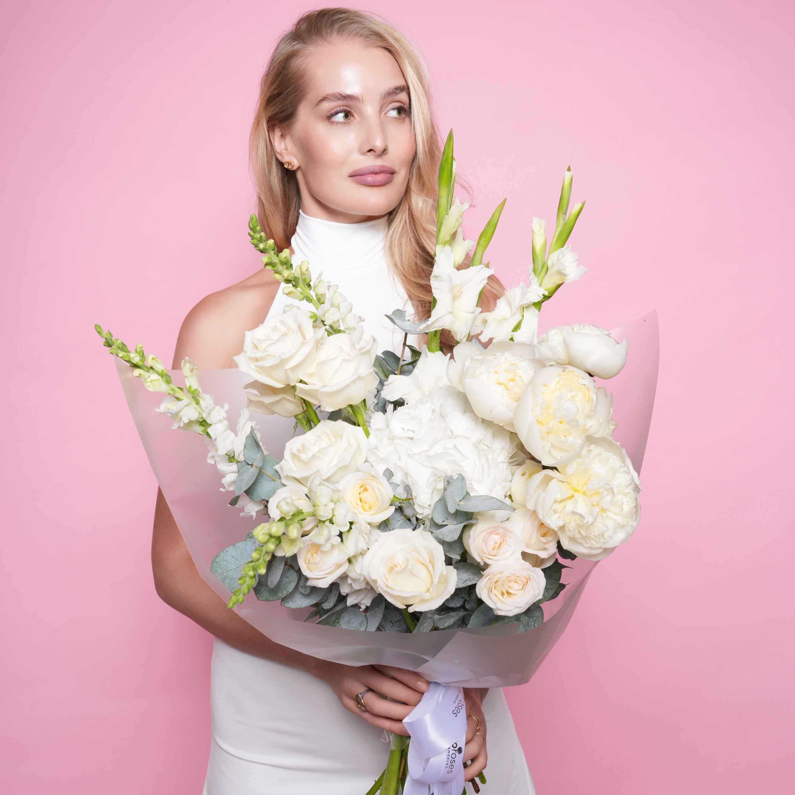 Neviana couture bouquet — detail of white peonies and roses with soft green eucalyptus | Ecoroses Los Angeles