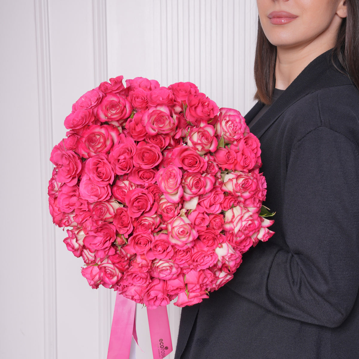 Leonor bouquet — two bunches of hot pink baby roses in vivid fuchsia, hand-tied | Ecoroses Los Angeles