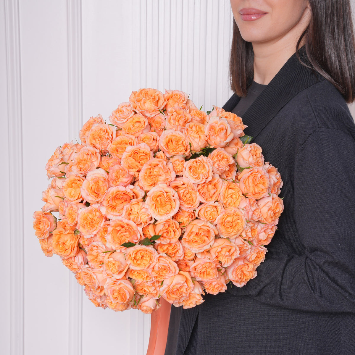 Chloris bouquet — two bunches of peach baby roses in warm apricot, hand-tied | Ecoroses Los Angeles