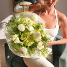 Ginevra luxury bouquet — second view of the white ranunculus and green hydrangea hand-tied bouquet | Ecoroses Los Angeles