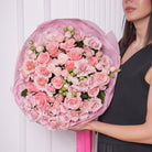 Elvira bouquet — soft pink Be Sweet roses with layered pink baby roses, hand-tied | Ecoroses Los Angeles