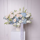 Bruna couture arrangement — blue hydrangea and delphinium with Ohara garden roses, stock, and snapdragon in a glass vase | Ecoroses Los Angeles