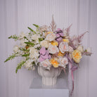 Renata couture arrangement — Ohara, Playa Blanca, and cream garden roses with pink astilbe, lisianthus, and snapdragon in a glass vase | Ecoroses Los Angeles