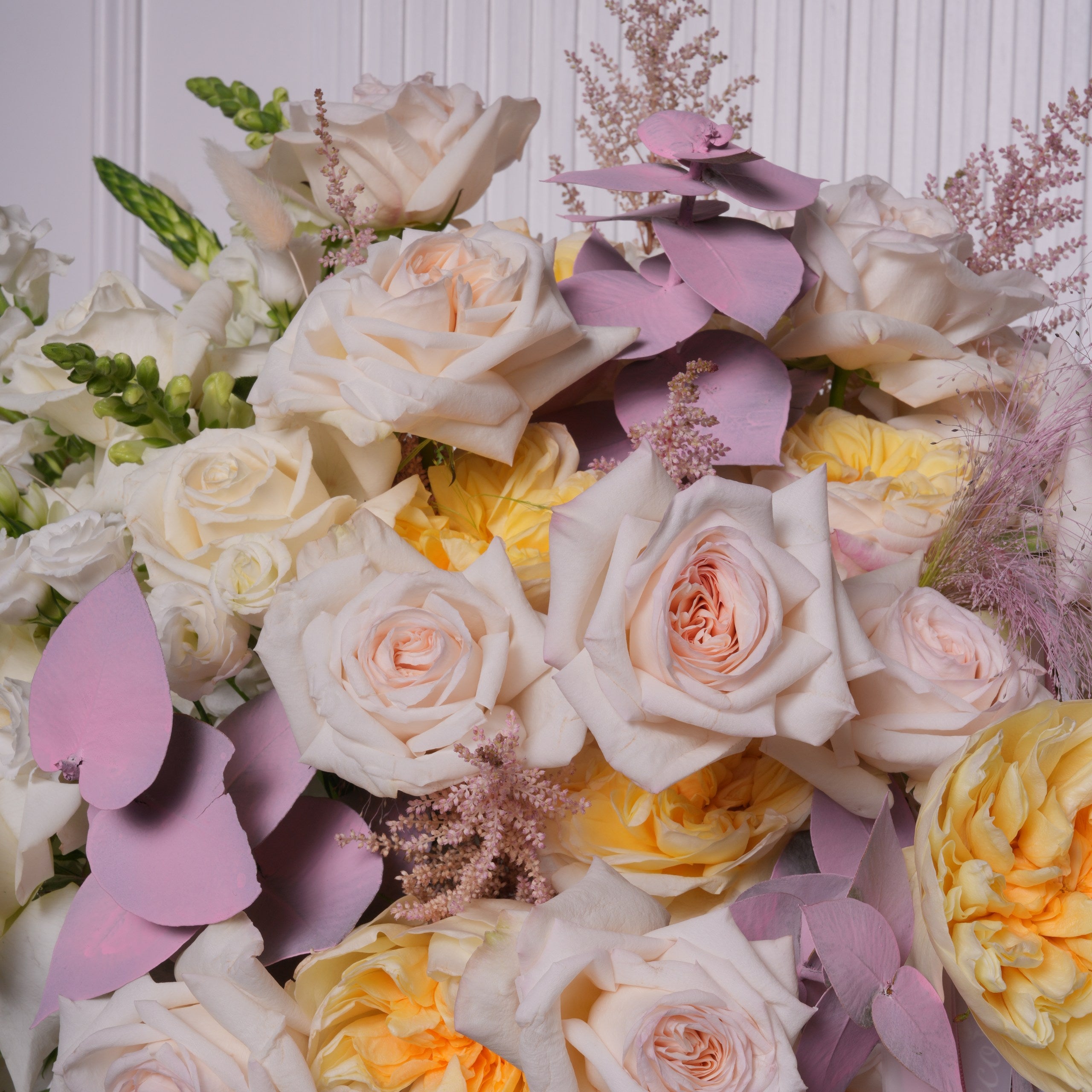 Renata couture arrangement — detail of white and cream roses with blush pink astilbe | Ecoroses Los Angeles